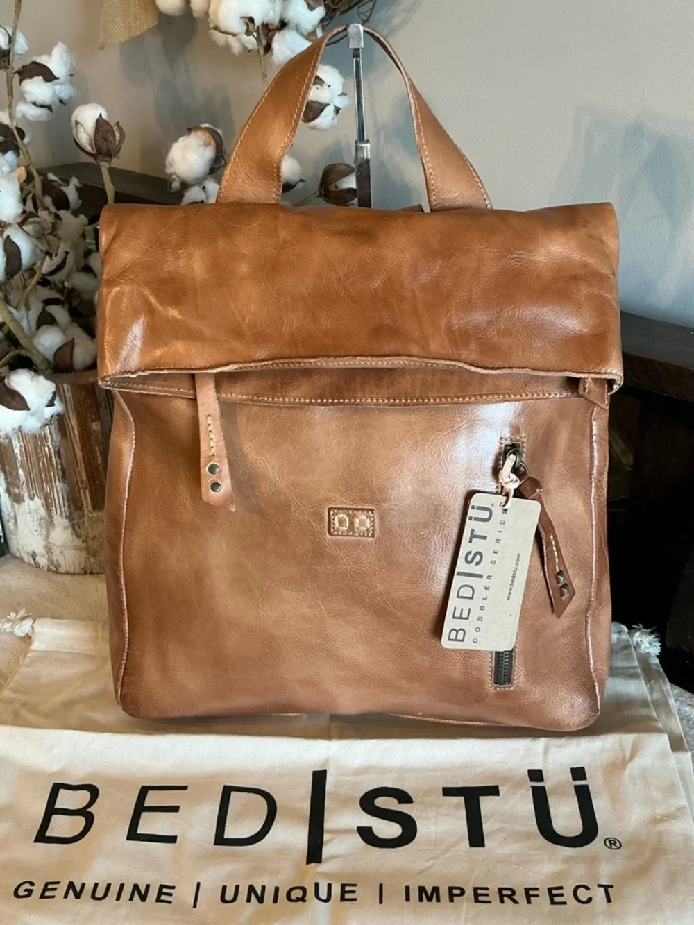 NWT Bed Stu Leather Howie Flapover Leather Backpack Tan Rustic Retail $365